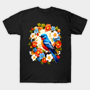 Cute Blue Bird Surrounded by Bold Vibrant Spring Flowers T-Shirt